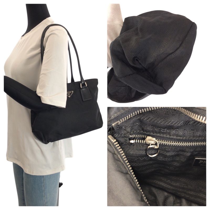 Prada Tessuto Black Silver Nylon Leather Tote Shoulder Bag