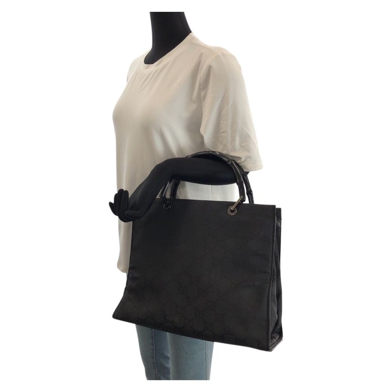 Gucci Bamboo GG Pattern Black Silver Nylon 002 Tote