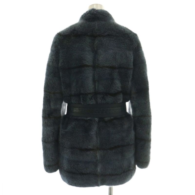 Fendi Coat Outer Fur 38 Navy Black