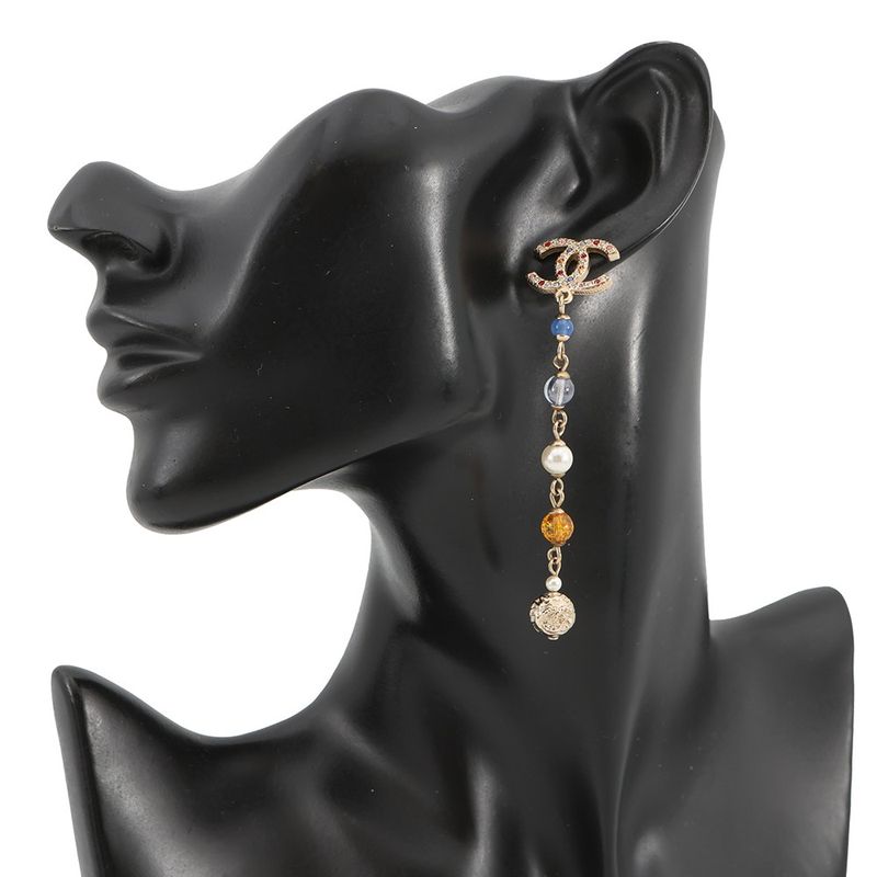 Chanel Earrings CC Logo Swing Rhinestone Faux Pearl Color Stone