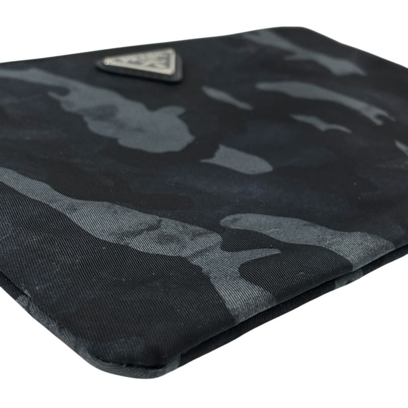 Prada Camouflage Nylon Pouch Makeup Black Triangle Plate Logo Sophistication
