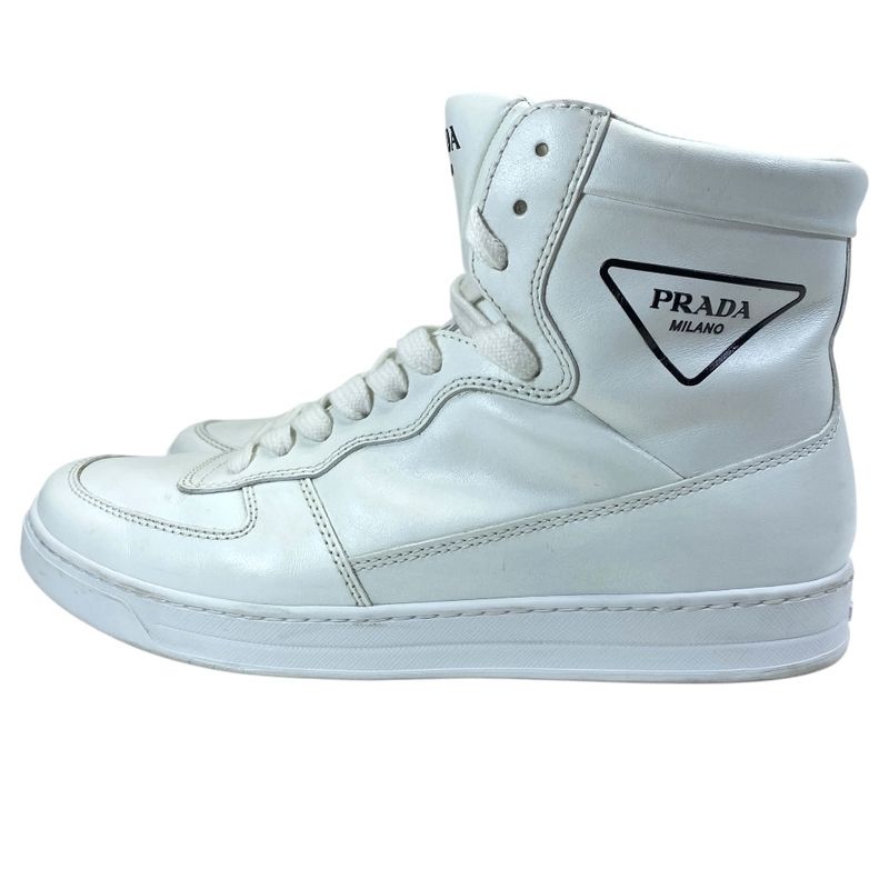 Prada High Cut Sneakers Lace Up Shoes Leather White Triangle Logo Sophistication