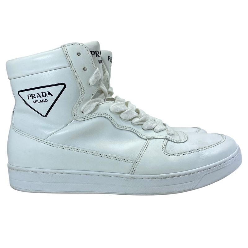 Prada High Cut Sneakers Lace Up Shoes Leather White Triangle Logo Sophistication
