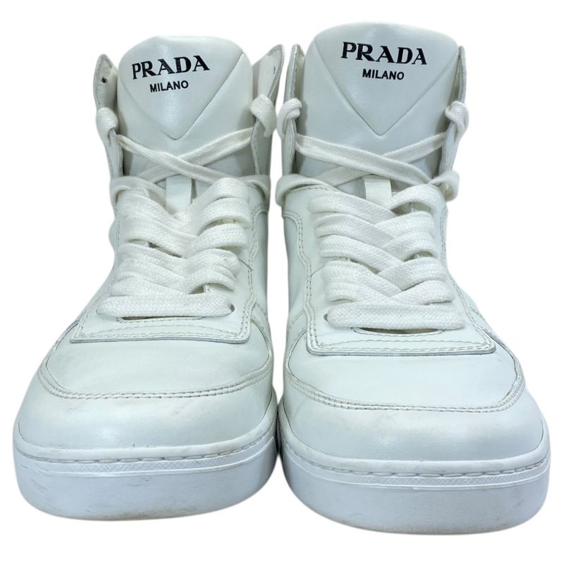 Prada High Cut Sneakers Lace Up Shoes Leather White Triangle Logo Sophistication