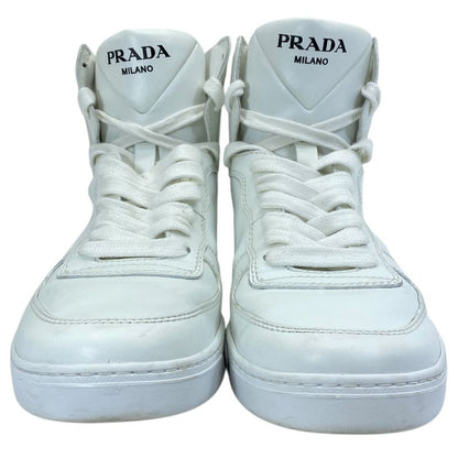 Prada High Cut Sneakers Lace Up Shoes Leather White Triangle Logo Sophistication