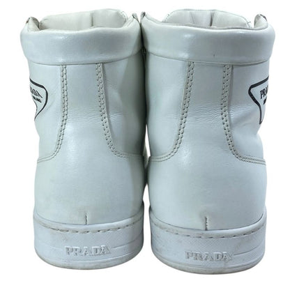 Prada High Cut Sneakers Lace Up Shoes Leather White Triangle Logo Sophistication