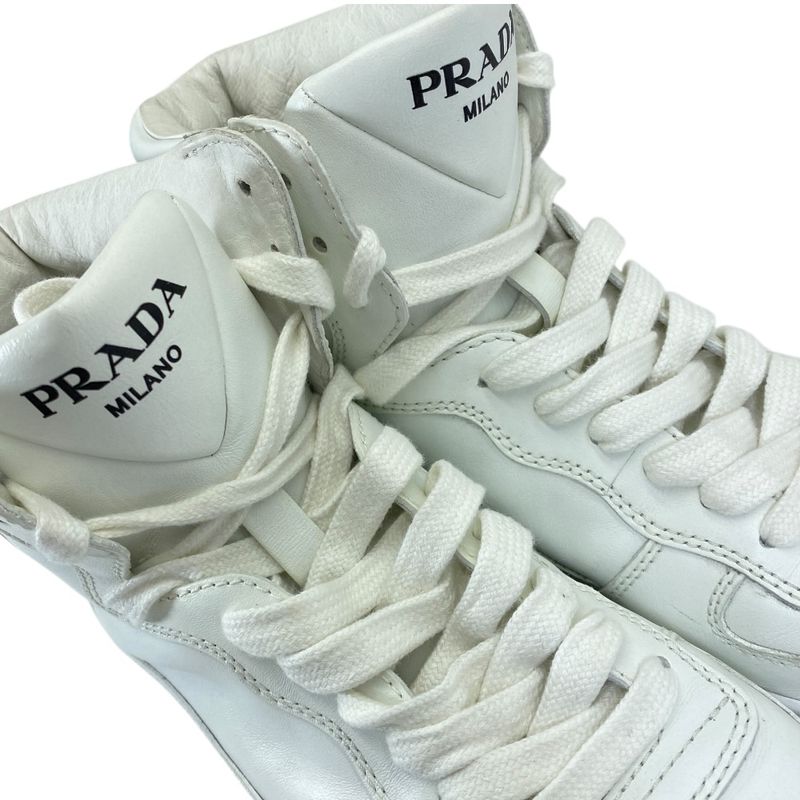 Prada High Cut Sneakers Lace Up Shoes Leather White Triangle Logo Sophistication