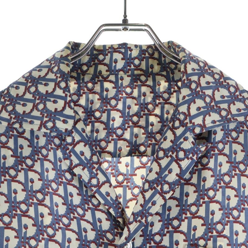 Dior Oak All Over Print Silk Short Sleeve Shirt Blue