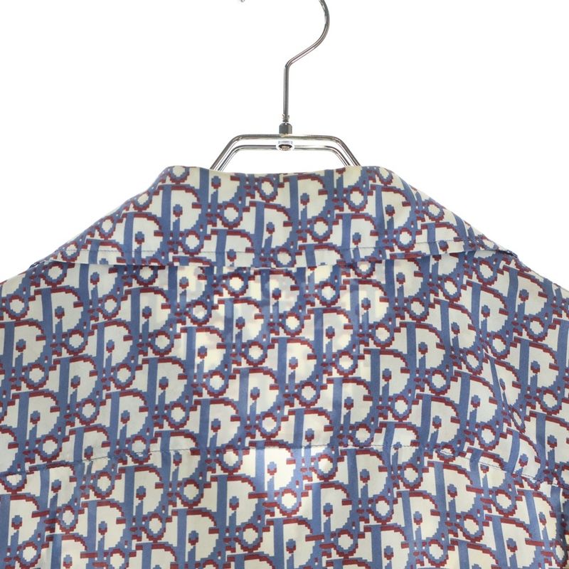 Dior Oak All Over Print Silk Short Sleeve Shirt Blue