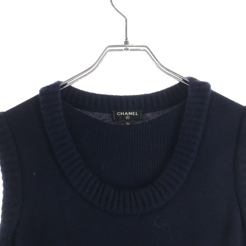 Chanel No Sleeve Knit Dress Navy 36