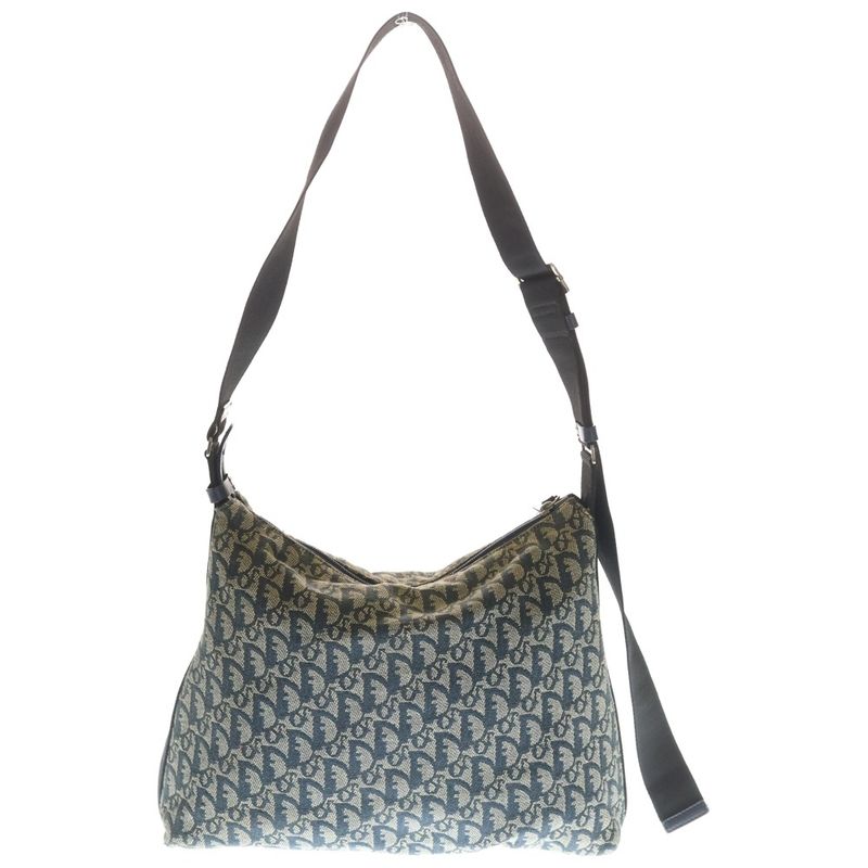 Dior Trotter Shoulder Bag Crossbody Navy Beige Leather Canvas Silver