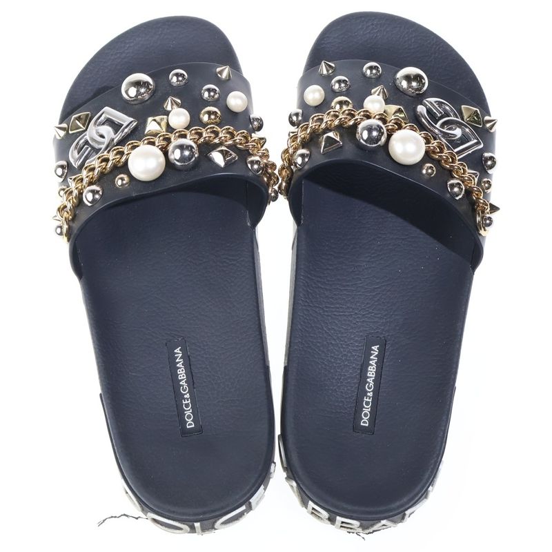 Dolce & Gabbana Studded Chain Decoration Shower Flat Sandals Black