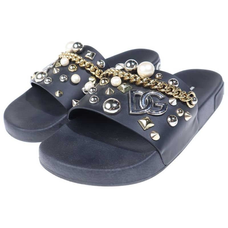 Dolce & Gabbana Studded Chain Decoration Shower Flat Sandals Black