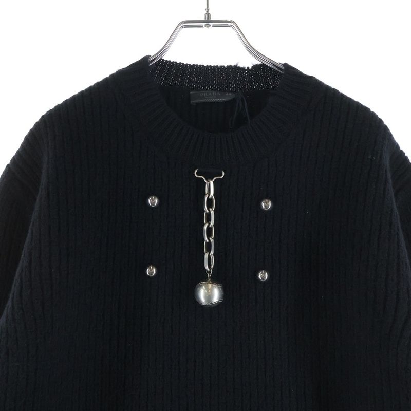 Prada Black Wool Crew Neck Sweater with Pendant Knit
