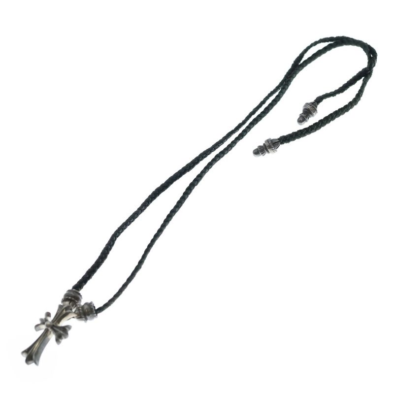 Chrome Hearts CH Crs Sml CL Small CH Cross Crimp Leather Braid Necklace Silver