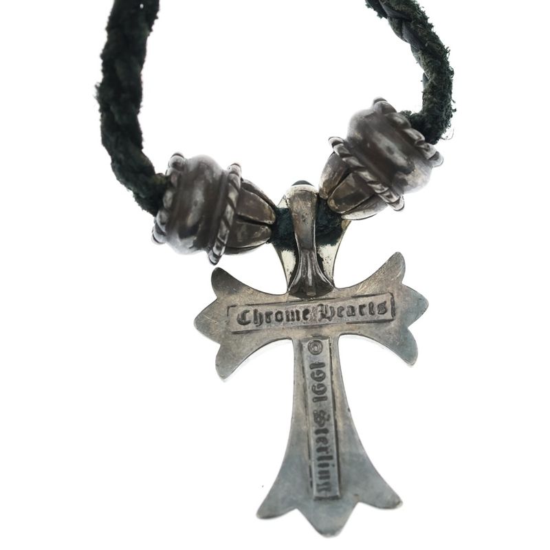 Chrome Hearts CH Crs Sml CL Small CH Cross Crimp Leather Braid Necklace Silver