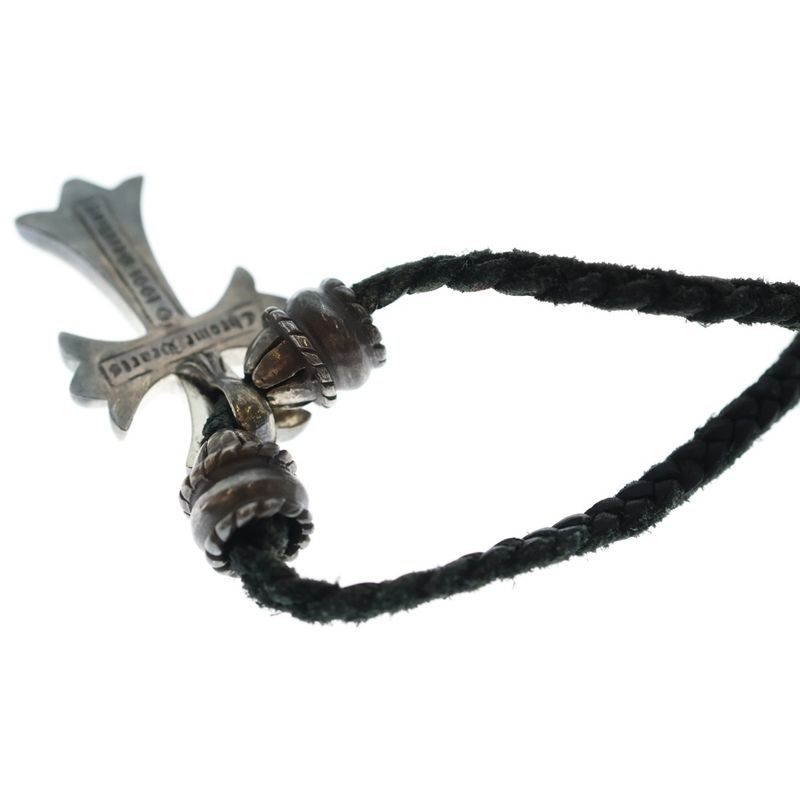 Chrome Hearts CH Crs Sml CL Small CH Cross Crimp Leather Braid Necklace Silver