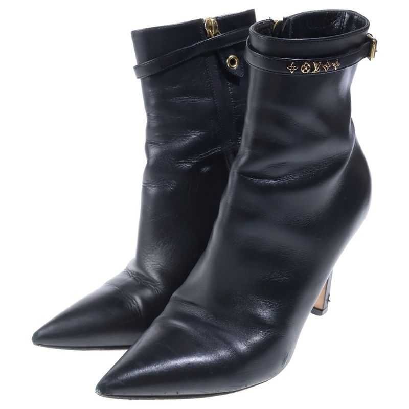 Louis Vuitton Monogram Leather Pointed Toe Heel Short Boots Black
