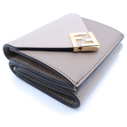 Fendi FF Diamond Compact Wallet Trifold Coin Case Beige Leather Gold