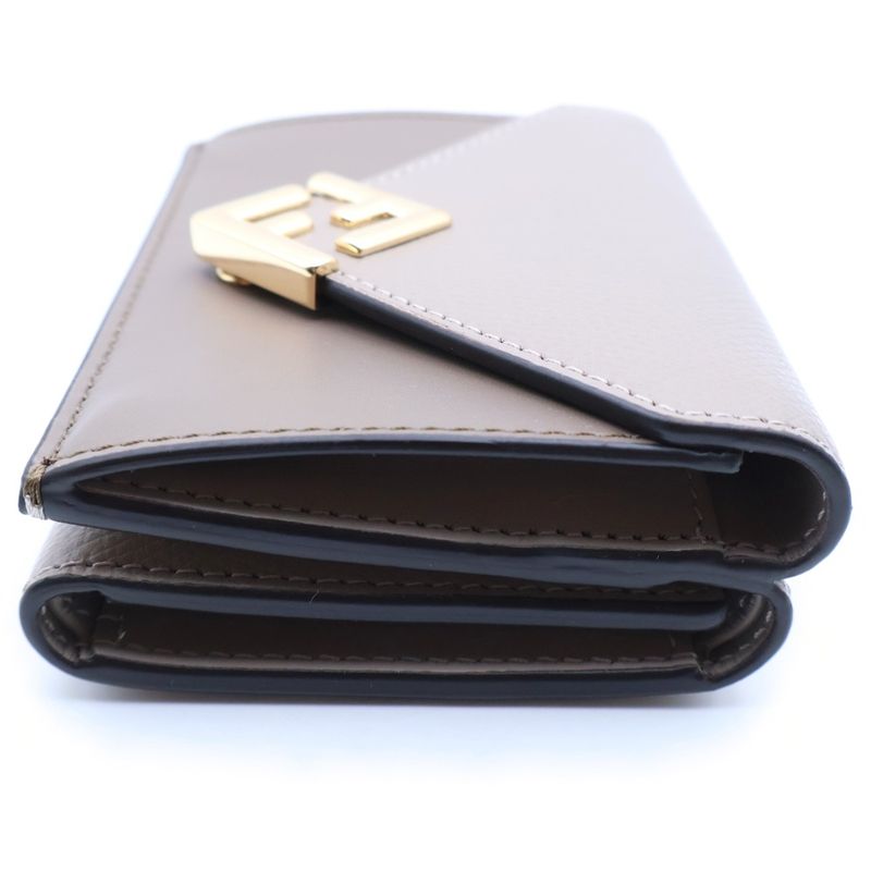 Fendi FF Diamond Compact Wallet Trifold Coin Case Beige Leather Gold