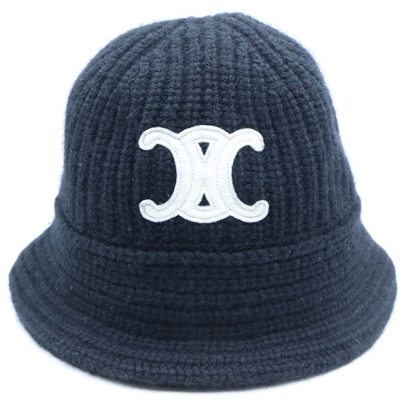 Celine Triomphe Crochet Cashmere Knit Bucket Hat Black