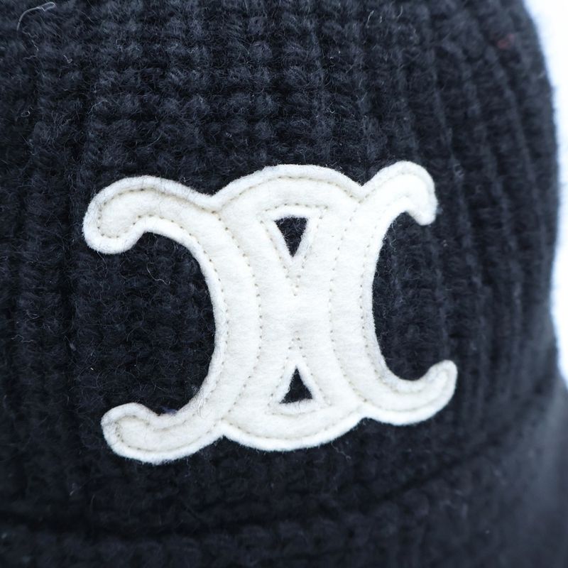 Celine Triomphe Crochet Cashmere Knit Bucket Hat Black