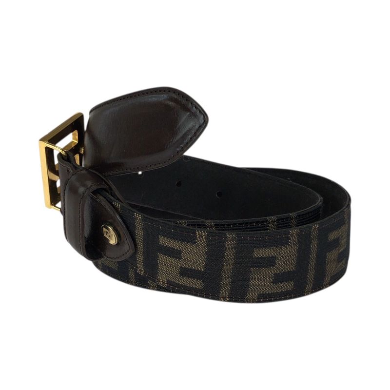 Fendi Zucca FF Logo Dark Brown Gold Canvas Leather Belt