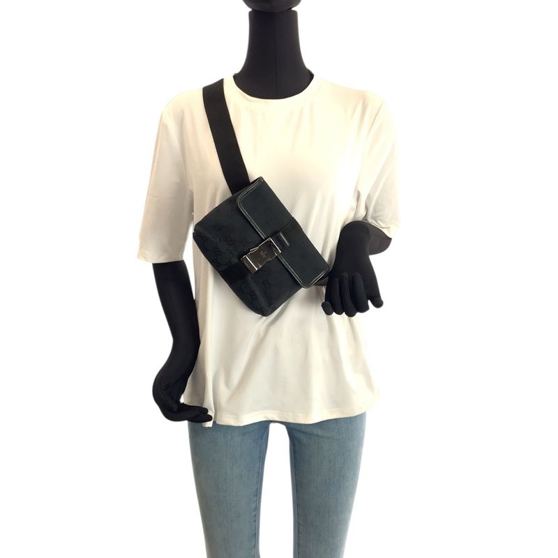 Gucci Black Silver GG Canvas Leather Belt Bag Waist Pouch
