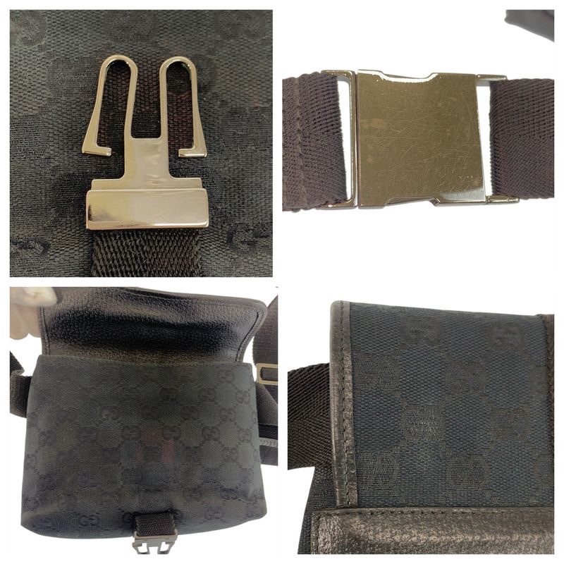 Gucci Black Silver GG Canvas Leather Belt Bag Waist Pouch