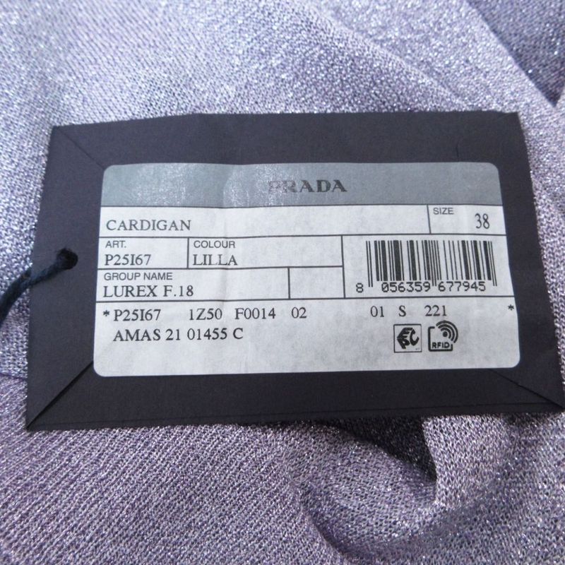 Prada Crop Rex Cardigan Long Sleeve Short Length Lame Logo Sheer 38 S Purple