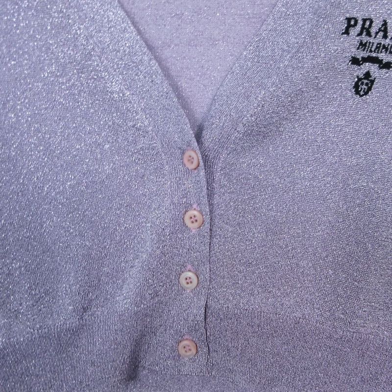 Prada Crop Rex Cardigan Long Sleeve Short Length Lame Logo Sheer 38 S Purple