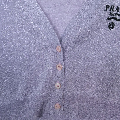 Prada Crop Rex Cardigan Long Sleeve Short Length Lame Logo Sheer 38 S Purple