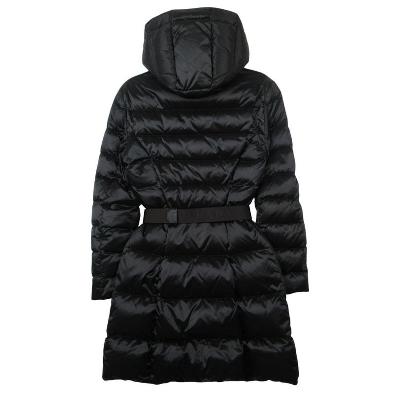 Prada Down Coat with Emblem Logo Belt Black 36