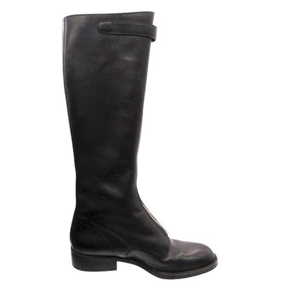 Prada Front Zip Leather Long Boots Shoes Black 36.5