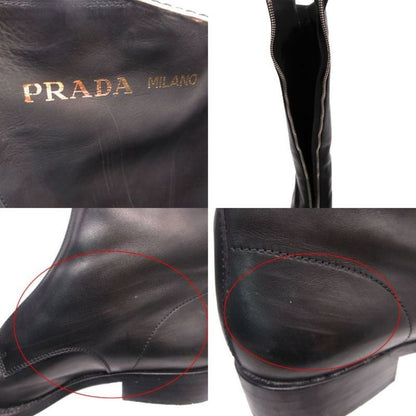 Prada Front Zip Leather Long Boots Shoes Black 36.5