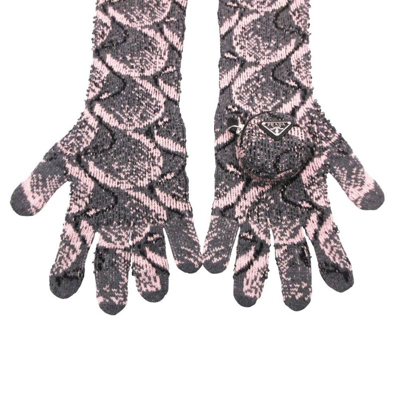Prada Long Knit Gloves Gray Light Pink Pouch