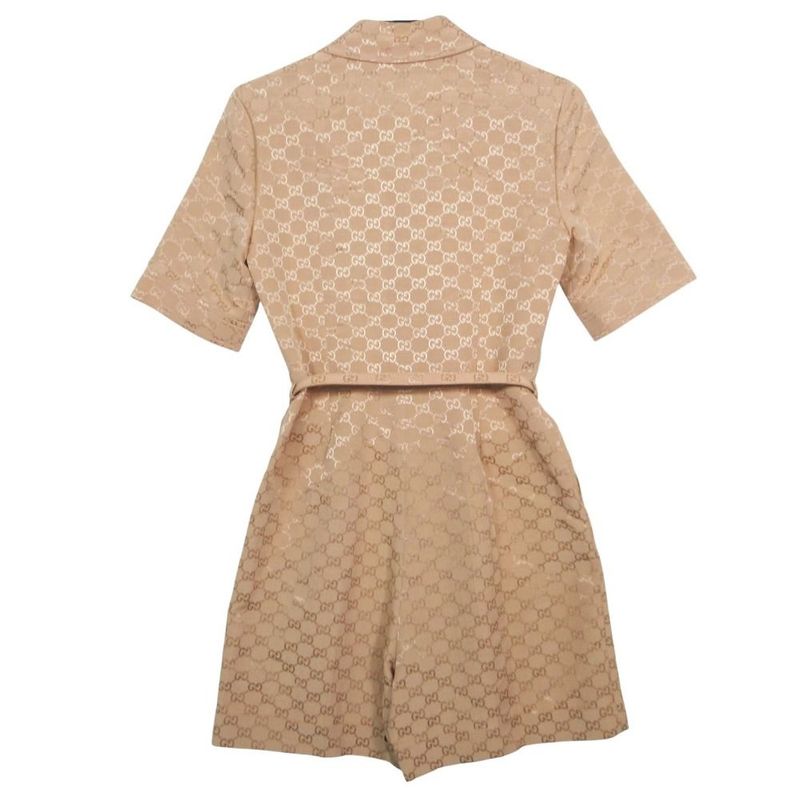 Gucci GG Pattern Jumps with Belt All in One Jumpsuit Pink Short Sleeve
