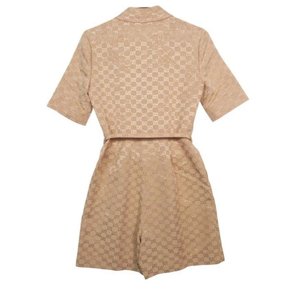 Gucci GG Pattern Jumps with Belt All in One Jumpsuit Pink Short Sleeve