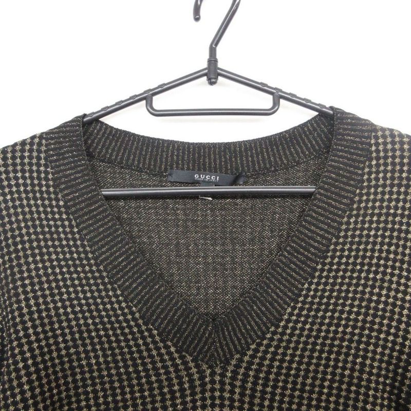 Gucci Logo Plate Jacquard Knit Sweater Pullover Top Long Sleeve Black Gold XS