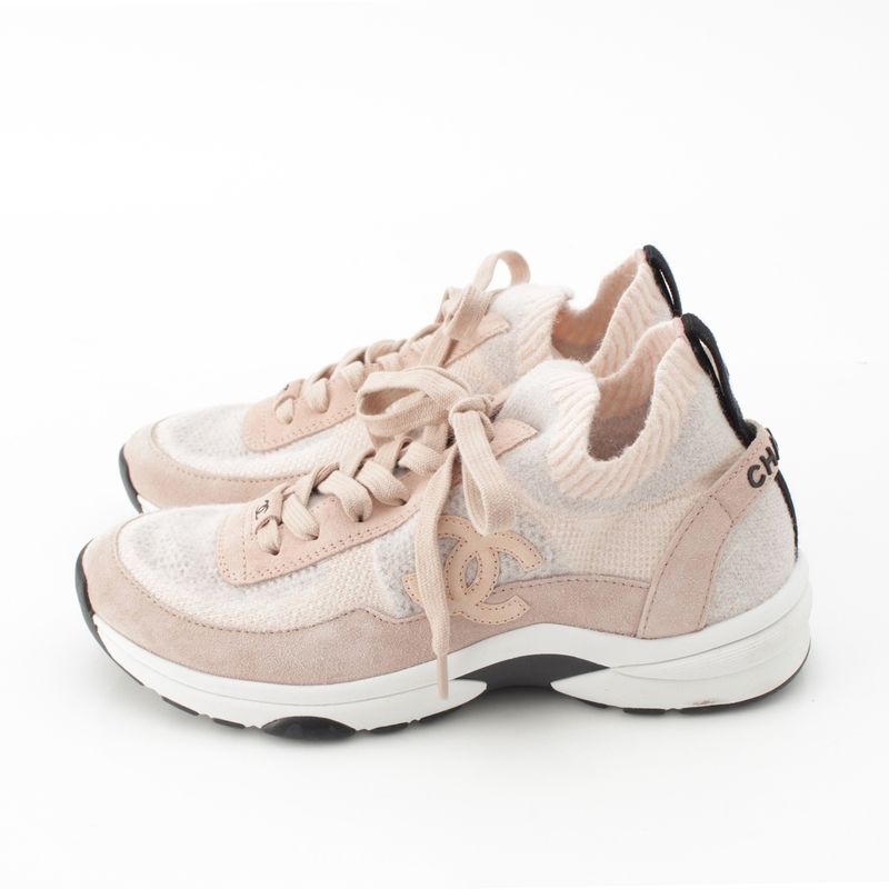 Chanel CC Logo Knit Socks Sneakers Shoes Pink 36