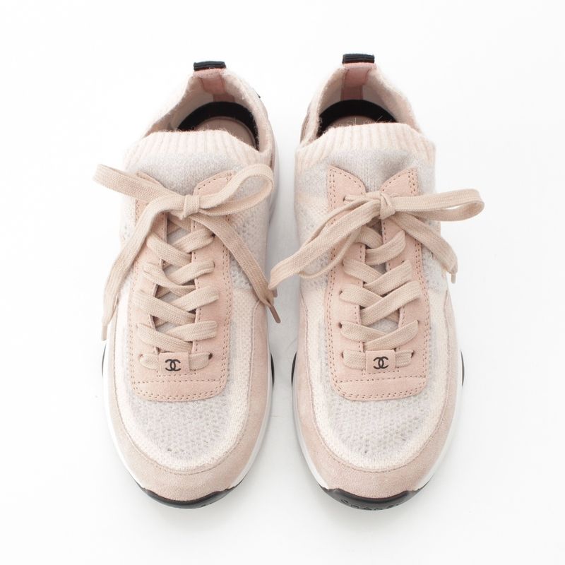 Chanel CC Logo Knit Socks Sneakers Shoes Pink 36