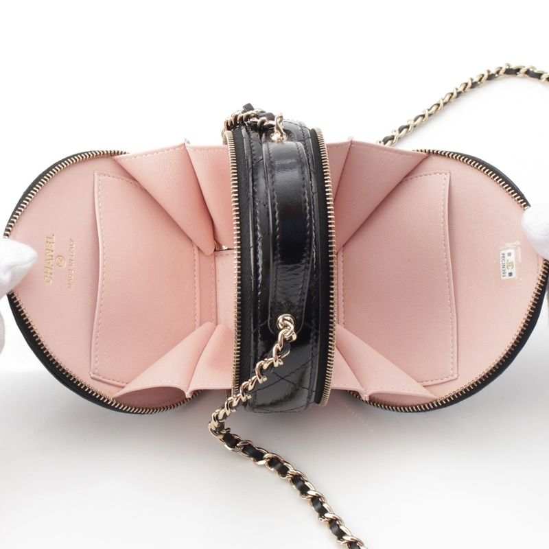 Chanel Shiny Lambskin Round Chain CC Logo Vanity Shoulder Bag Black