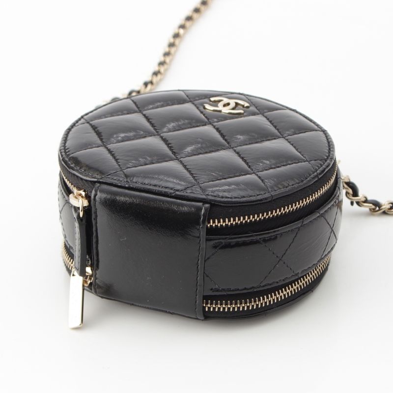 Chanel Shiny Lambskin Round Chain CC Logo Vanity Shoulder Bag Black