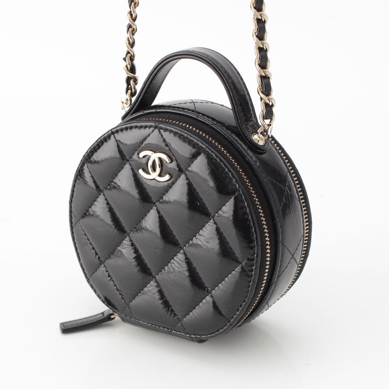 Chanel Shiny Lambskin Round Chain CC Logo Vanity Shoulder Bag Black