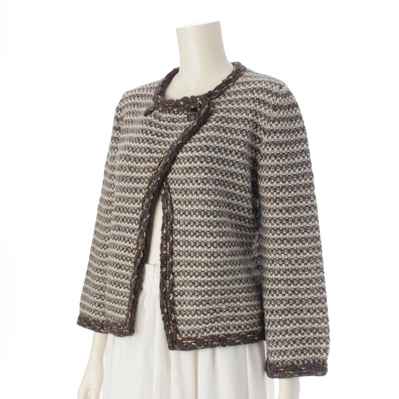 Chanel Cashmere Wool Knit Collarless Jacket Cardigan Brown 40