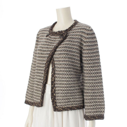 Chanel Cashmere Wool Knit Collarless Jacket Cardigan Brown 40