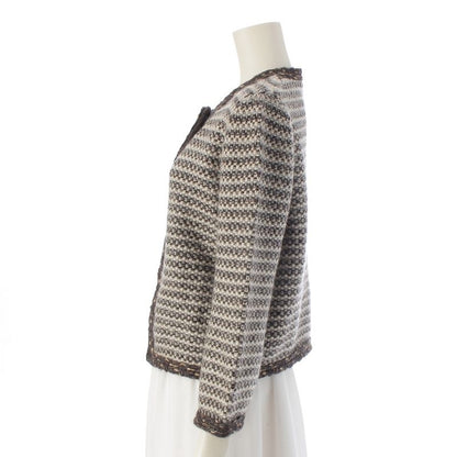 Chanel Cashmere Wool Knit Collarless Jacket Cardigan Brown 40