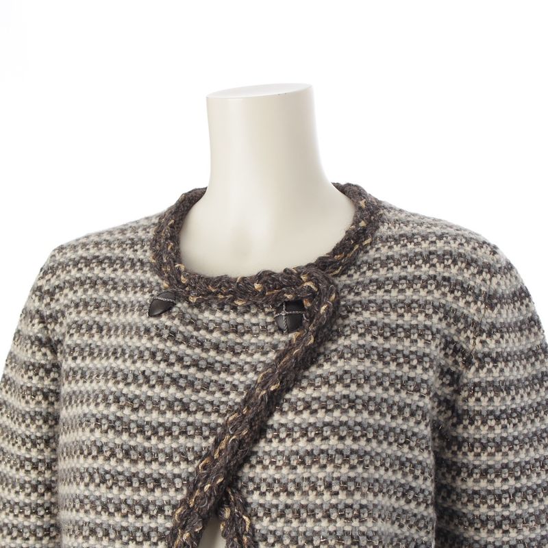 Chanel Cashmere Wool Knit Collarless Jacket Cardigan Brown 40
