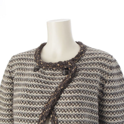 Chanel Cashmere Wool Knit Collarless Jacket Cardigan Brown 40