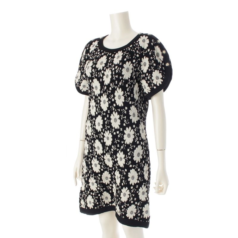 Chanel Cotton Rayon Flower Embroidery Knit Dress Black White 34